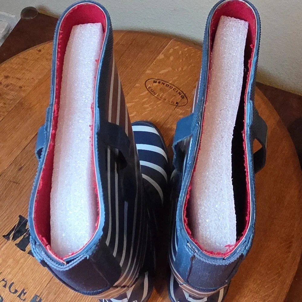 L.L. Bean Navy and White Nautical Striped Rain Boots Wellies Size 8